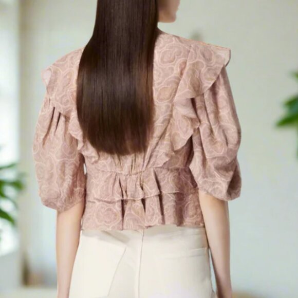 The Kooples Boho Silk Blend Crop Top Womens Pink Short Puff Sleeve V Neck Ruffle - Picture 3 of 8